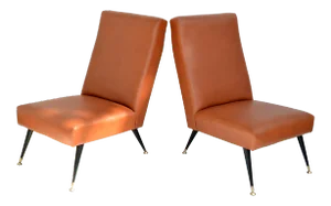 Pair of Marco Zanuso Leather & Brass Slipper Chairs, Lounge Chairs Italy 1955