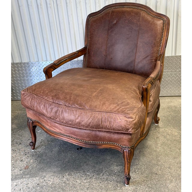 Late 20th Century Old Hickory Tannery Leather Upholstered Bergere Chair For Sale - Image 11 of 12