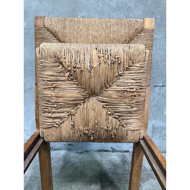 Vintage French Rush Seat Back Oak Dining Chairs Set of Four Bleached Farmhouse For Sale - Image 13 of 17