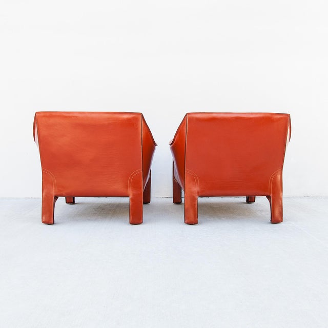 Postmodern Vintage Cassina Model 415 Cab Lounge Chairs in Terracotta Leather by Mario Bellini For Sale - Image 3 of 15