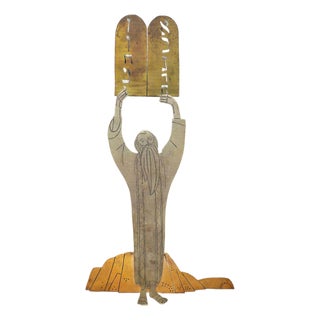 Early 20th Century Moses with the Tablets of Law, Hebrew Calligraphy, Mexican Modernist Folk Art For Sale