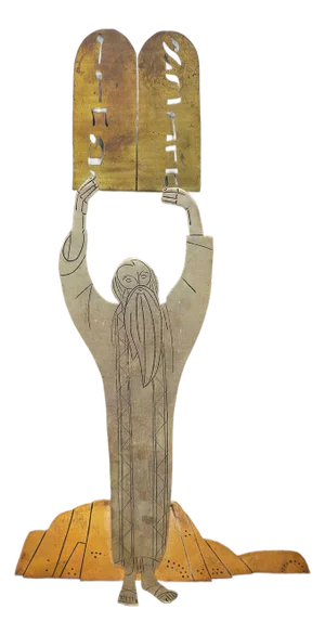 Early 20th Century Moses with the Tablets of Law, Hebrew Calligraphy, Mexican Modernist Folk Art