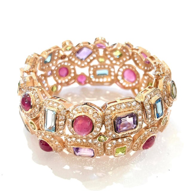 Bochic "Capri" Vintage Ruby & Multi Color Gem & Sapphire Bangle Set In 18K Gold & Silver Natural Blue Topaz - 5 Carats...