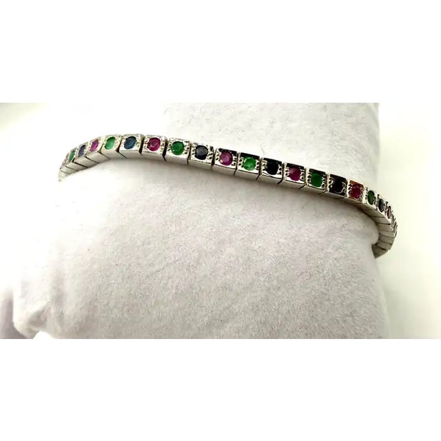 Art Deco Style Sterling Silver Ruby, Emerald & Sapphire Tennis Bracelet, 9 Ct For Sale In New York - Image 6 of 14