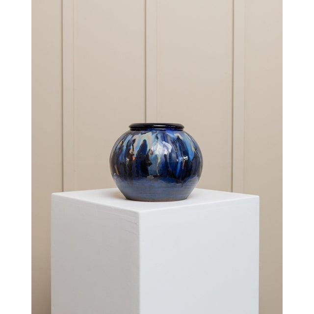 Vintage Danish Blue Brown Glaze Ceramic Vase by Hildegon Als, 1960s For Sale - Image 10 of 12