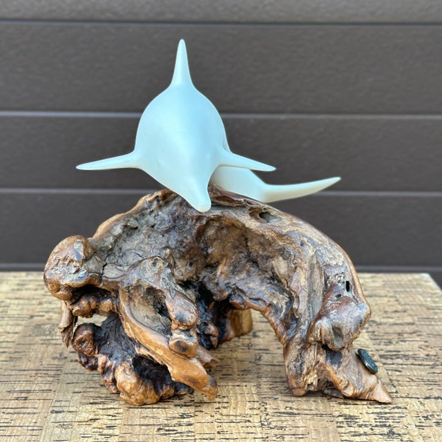Vintage John Perry Dolphin Sculpture on Burled Teak Root Base For Sale In Philadelphia - Image 6 of 10