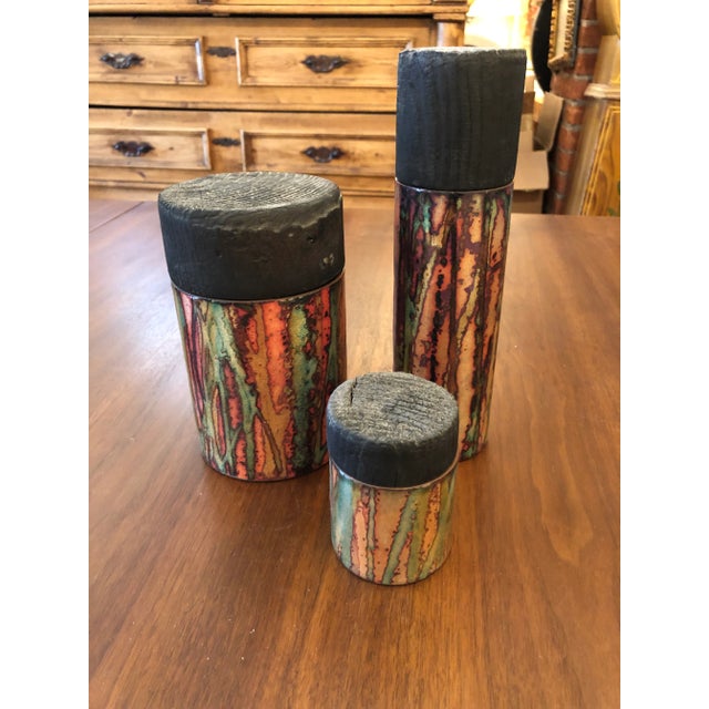Modern Artisan Hand Made Copper Glazed Cannisters Vessels -Set of 3 For Sale - Image 3 of 12