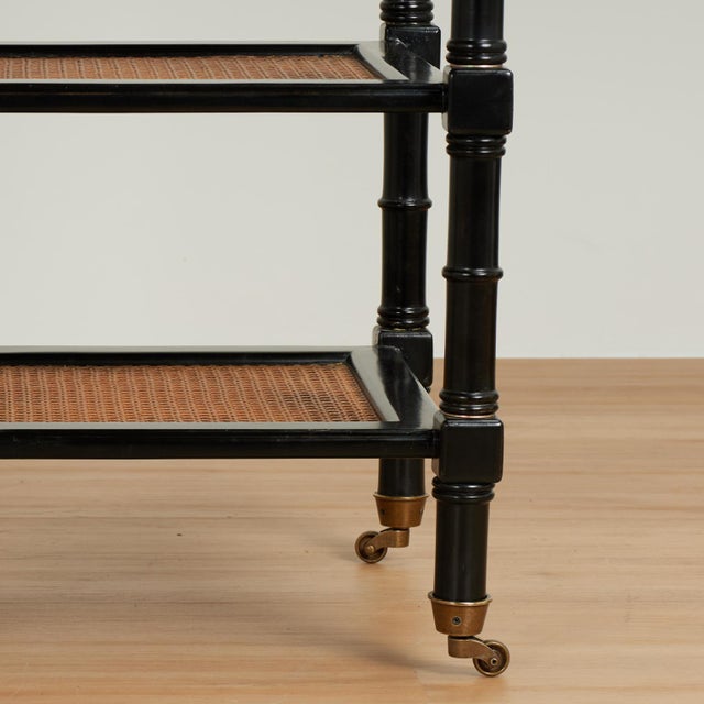 Pair of Vintage British Colonial Style Faux Bamboo Three Tiered Caned Stands For Sale - Image 10 of 17