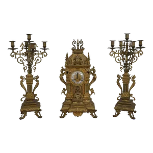 Vintage 3 Piece French Style Clock Set W. Candelabras
