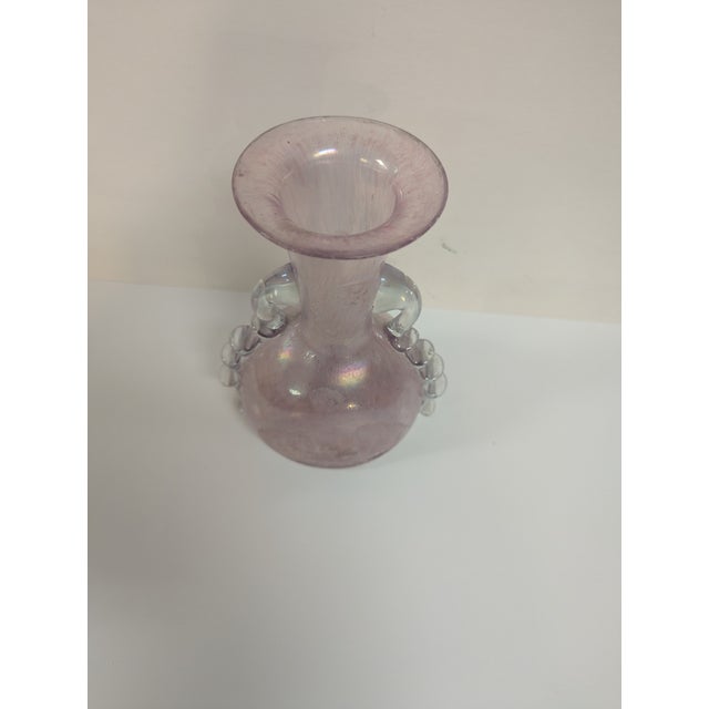 Hand Blown Venetian Glass Vase. Opalescent pink with clear twisted handles. No chips or cracks.