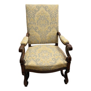 Antique French High-Back Armchair with Damask Upholstery For Sale