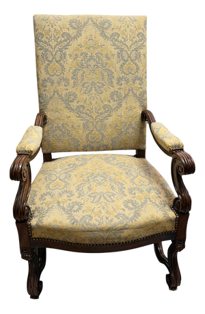 Antique French High-Back Armchair with Damask Upholstery