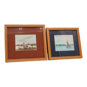 Pair of Nautical Watercolor Fishing Boat Sailboat Paintings Signed George D Post