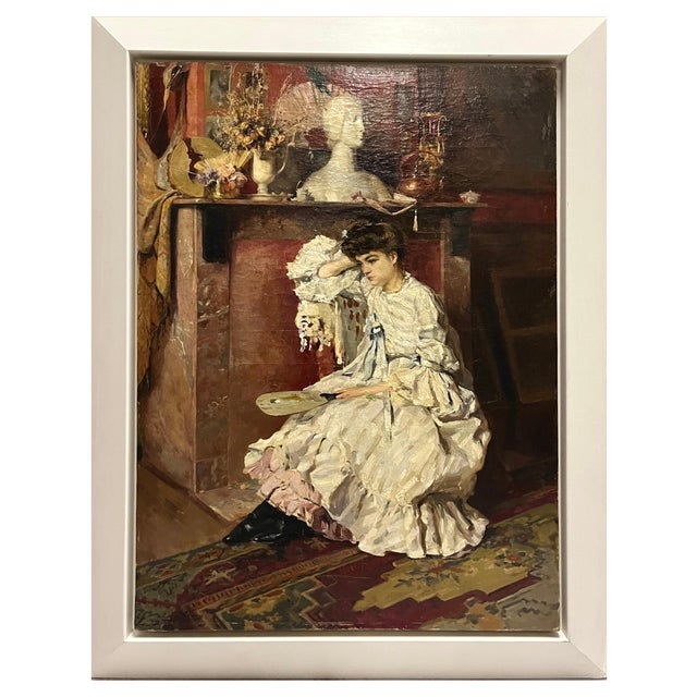 Ernest Jean Joseph Godfrinon, Elegant Woman in the Living Room, 1898, Oil on Canvas For Sale