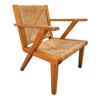 Dutch Modernist Brutalist Wooden Armchair with Rush Seat, 1940s For Sale