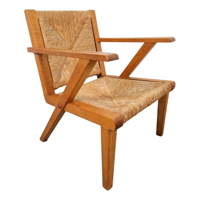 Dutch Modernist Brutalist Wooden Armchair with Rush Seat, 1940s For Sale