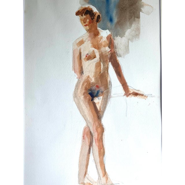 Mid-Century Modern Original Vintage Watercolor Standing Female Nude Model by Harry Barton For Sale - Image 3 of 6