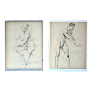 Pair Mid-Century Nude Man & Woman Drawings For Sale