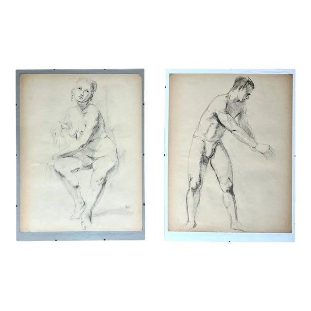 Pair Mid-Century Nude Man & Woman Drawings For Sale