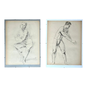 Pair Mid-Century Nude Man & Woman Drawings