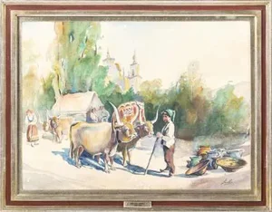 Jose Dias Sanches, Oxen Team with Figures, Watercolor on Paper