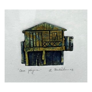 Puerto Rico Beach House Engraving Original Art Work Signed 2003 Framed 13”x13” For Sale