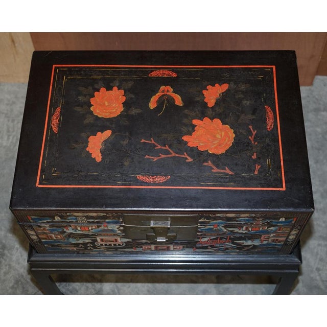 Wood Large Vintage Chinese Hand-Painted Chests on Stands, Set of 2 For Sale - Image 7 of 18