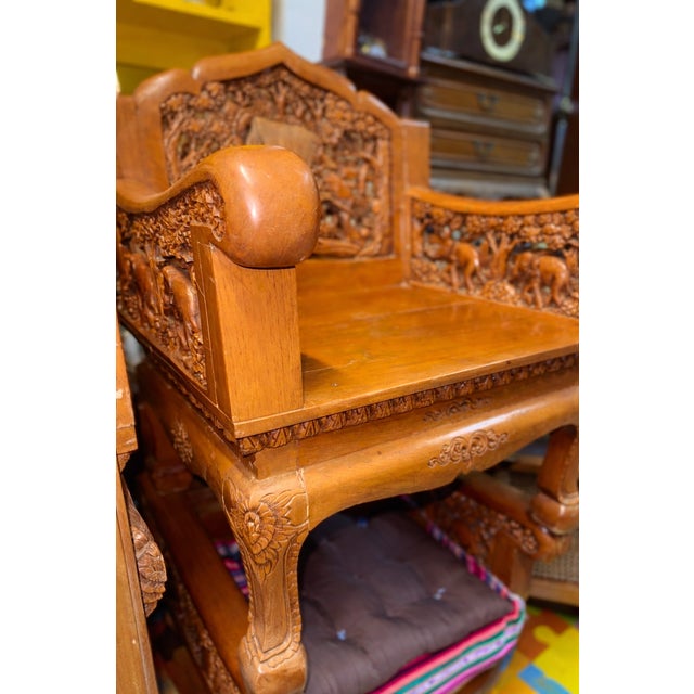 Hand-Carved Teakwood Seating Set with Coffee Table, Indonesia, 1970s, Set of 5 For Sale - Image 4 of 7