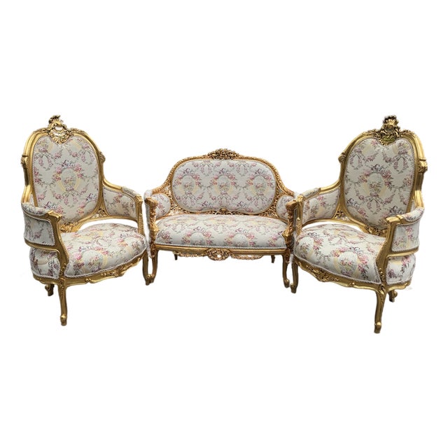 1970 French Louis XVI Gold Beech Damask Sofa Set - 3 PCS For Sale