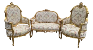 1970 French Louis XVI Gold Beech Damask Sofa Set - 3 PCS