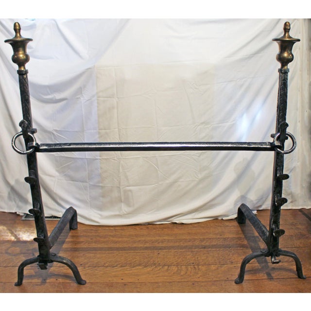 Pr. Andirons brass & iron, with associated bar. urn finials, herringbone motif in log rests. English, Arts & Crafts...
