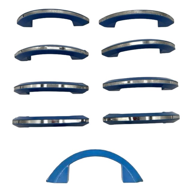 1930s Art Deco Sky Blue Catalin/Bakelite Drawer Pulls W/ Chrome Strip, Set of 9 For Sale