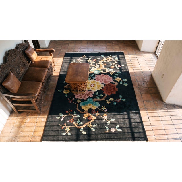 Marvelous Black Color and Lovely Multi Color Floral Desing Antique Chinese Art Deco Rug For Sale - Image 13 of 13
