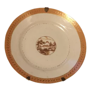Antique Early 19th Century Chinese Export Porcelain Plate Decorated with Sepia Landscape & Orange Border