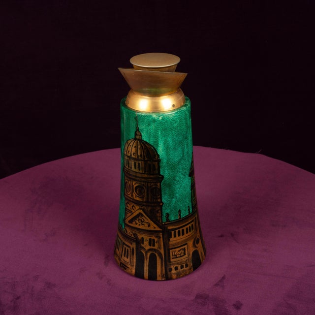 Mid-Century Modern Model 968D Thermos in Hand-Decorated Green Goatskin Parchment by Aldo Tura, Italy, 1960s For Sale - Image 3 of 18