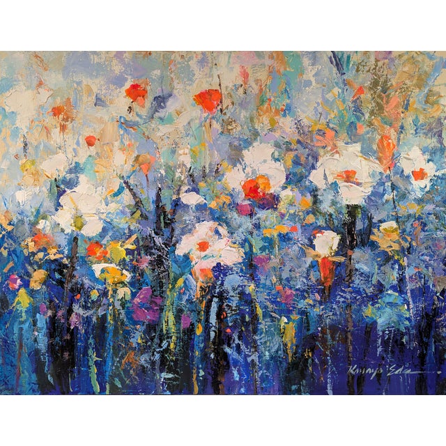 Contemporary Acrylic on Gallery Wrap Canvas of a Floral Garden With White and Red Flowers on a Blue Background For Sale - Image 3 of 5