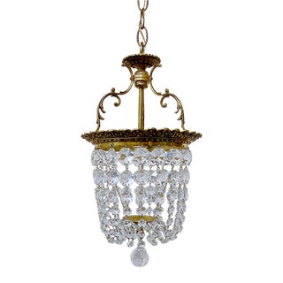 1920s Brass Crystal Basket Pendant Light For Sale