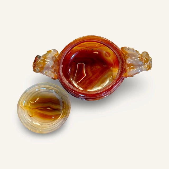 19th Century Carved Asian Carnelian (Agate) Vessel With Dragon Handles and Rings For Sale - Image 6 of 8