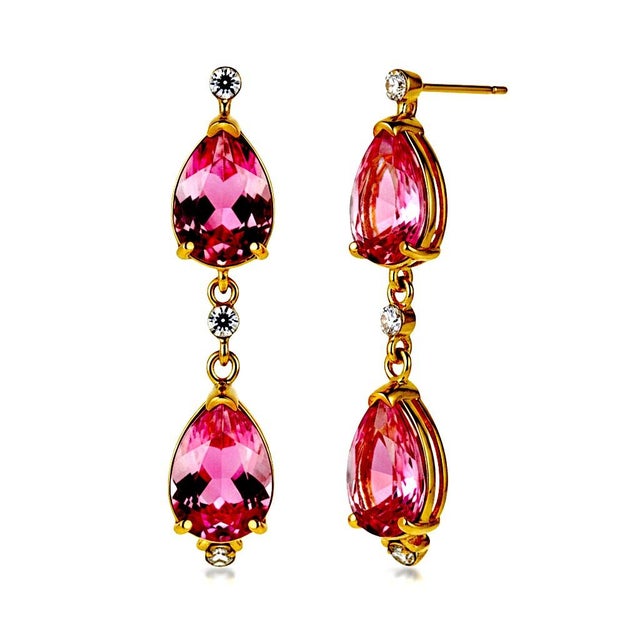 14k Yellow Gold Natural Pink Topaz and Diamond Long Drop Earrings For Sale - Image 10 of 12