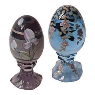 Pair of Vintage Fenton Hand‑Painted Pedestal Eggs – Signed & Numbered Limited Editions For Sale