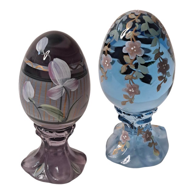 Pair of Vintage Fenton Hand‑Painted Pedestal Eggs – Signed & Numbered Limited Editions For Sale