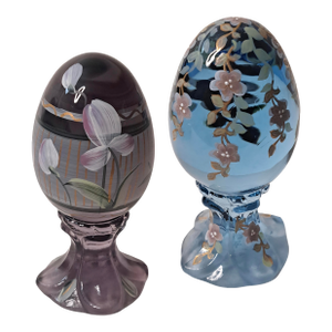 Pair of Vintage Fenton Hand‑Painted Pedestal Eggs – Signed & Numbered Limited Editions