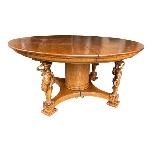 1876 Dining Table "Lady Liberty", Hand Carved Quarter Sawn Oak With 12 Leaves For Sale