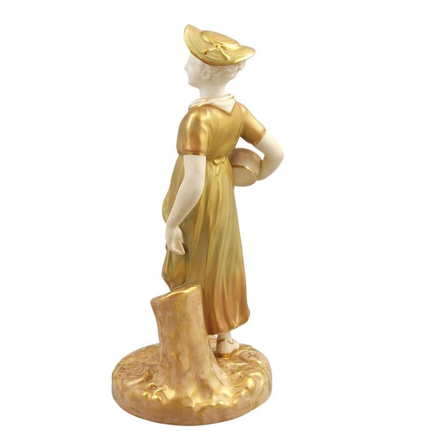 Gilt Porcelain Hadley Model 1774 Figure of Girl with Bowl from Royal Worcester, 1954 For Sale - Image 3 of 12