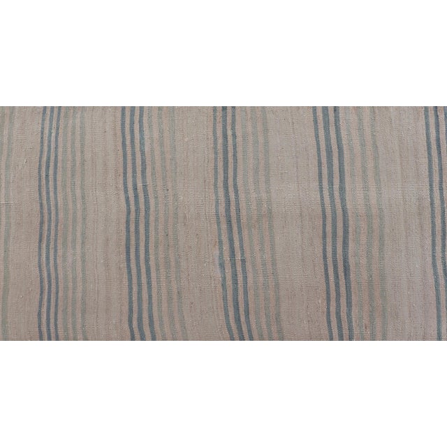 Stripe Design Turkish Vintage Kilim Runner in Shades of Ivory and Light Blue For Sale - Image 4 of 12