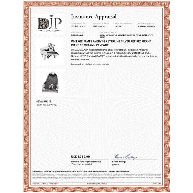 Vintage James Avery 925 Sterling Silver Retired Grand Piano 3D Charm / Pendant For Sale - Image 4 of 4