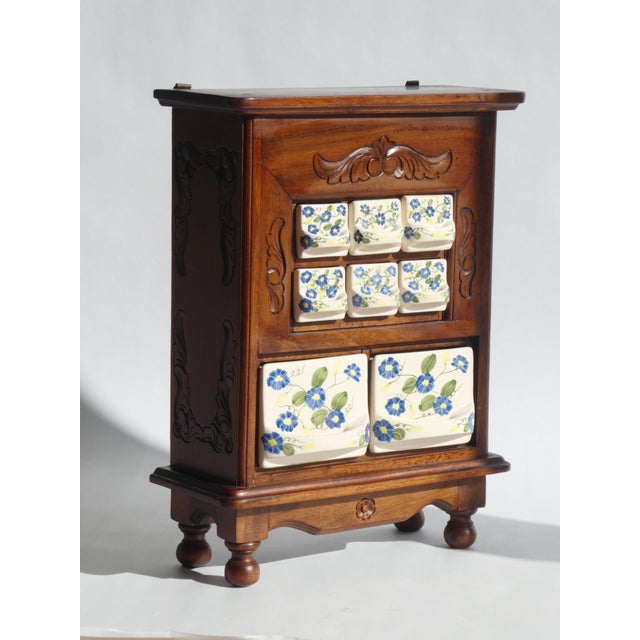 Antique Dutch Farmhouse Wooden Ceramic Floral Spice Cabinet, 1950s For Sale - Image 9 of 14