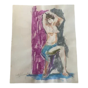 Circa 1989 Modern Figurative Nude Watercolor and Ink Study Painting