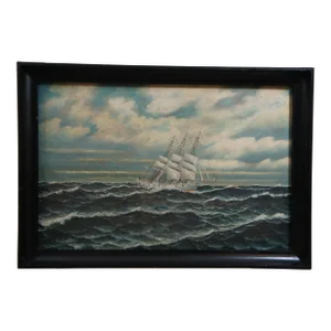 Antique 1917 Johannesen Nautical Maritime Sailboat Ship Seascape Oil Painting 36"