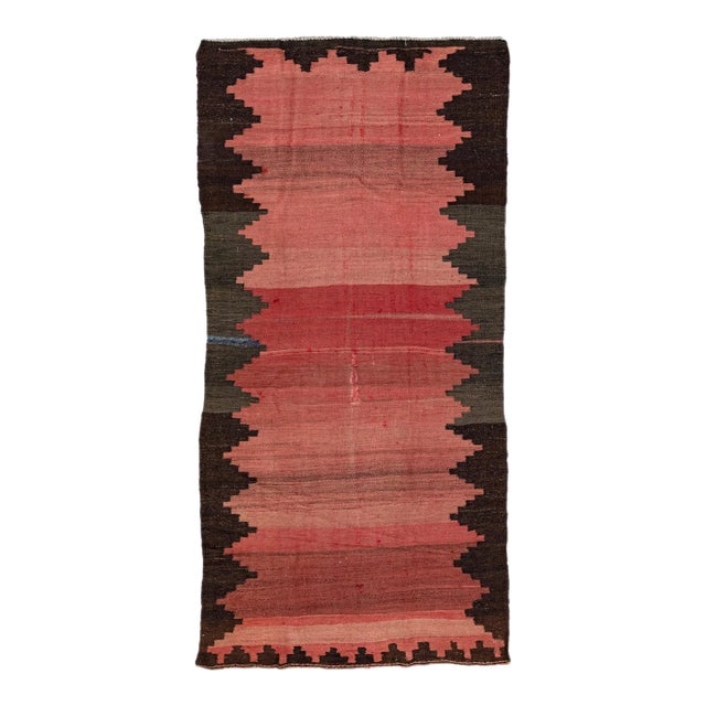 Vintage Kilim Handmade Flatweave Red Geometric Wool Runner For Sale